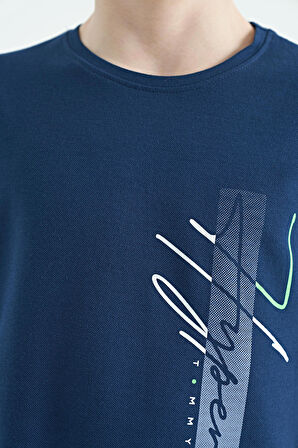 İndigo Yazı Baskılı O Yaka Standart Kalıp Erkek Çocuk T-Shirt - 11119
