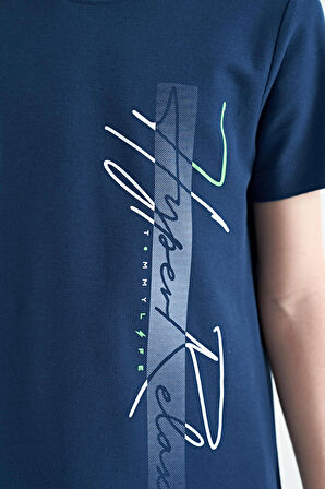 İndigo Yazı Baskılı O Yaka Standart Kalıp Erkek Çocuk T-Shirt - 11119