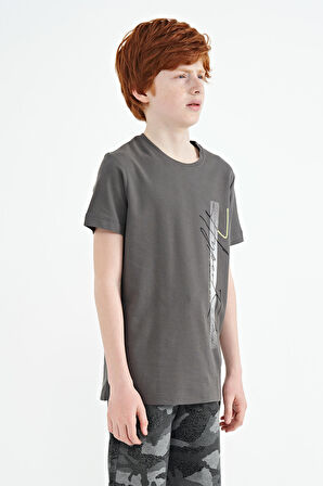 Koyu Gri Yazı Baskılı O Yaka Standart Kalıp Erkek Çocuk T-Shirt - 11119 | 10-11 Yaş