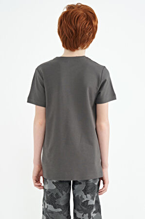 Koyu Gri Yazı Baskılı O Yaka Standart Kalıp Erkek Çocuk T-Shirt - 11119 | 3-4 Yaş