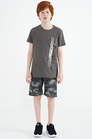 Koyu Gri Yazı Baskılı O Yaka Standart Kalıp Erkek Çocuk T-Shirt - 11119 | 4-5 Yaş