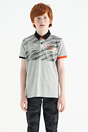 Gri Melanj Baskı Detaylı Pola Yaka Standart Kalıp Erkek Çocuk T-Shirt - 11161