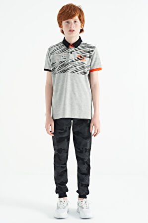 Gri Melanj Baskı Detaylı Pola Yaka Standart Kalıp Erkek Çocuk T-Shirt - 11161