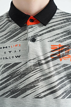 Gri Melanj Baskı Detaylı Pola Yaka Standart Kalıp Erkek Çocuk T-Shirt - 11161
