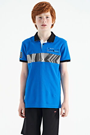 Saks Şerit Baskı Detaylı Pola Yaka Standart Kalıp Erkek Çocuk T-Shirt - 11162 | 11-12 Yaş