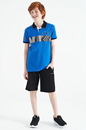 Saks Şerit Baskı Detaylı Pola Yaka Standart Kalıp Erkek Çocuk T-Shirt - 11162 | 11-12 Yaş