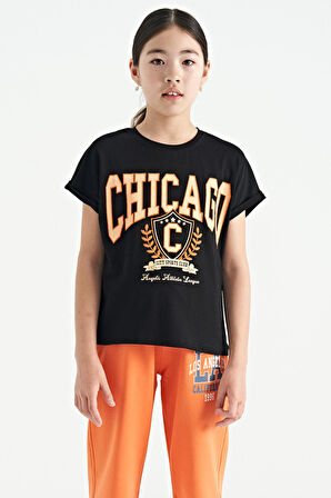 Siyah O Yaka Düşük Omuzlu Rahat Form Kısa Kollu Kız Çocuk T-Shirt - 75128 | 7-8 Yaş