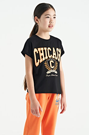 Siyah O Yaka Düşük Omuzlu Rahat Form Kısa Kollu Kız Çocuk T-Shirt - 75128 | 7-8 Yaş
