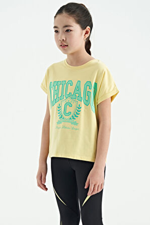 Sarı O Yaka Düşük Omuzlu Rahat Form Kısa Kollu Kız Çocuk T-Shirt - 75128 | 7-8 Yaş