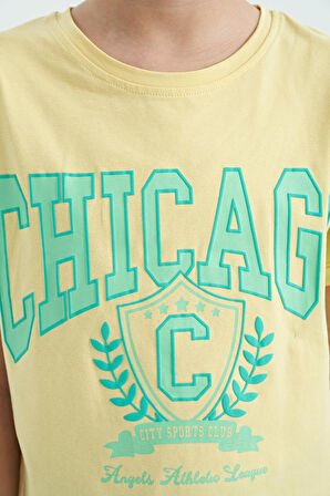 Sarı O Yaka Düşük Omuzlu Rahat Form Kısa Kollu Kız Çocuk T-Shirt - 75128 | 9-10 Yaş