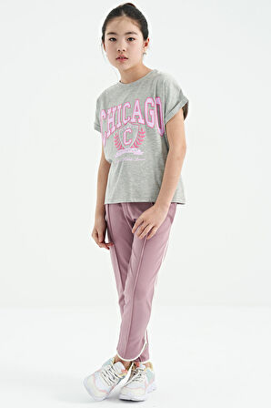 Gri Melanj O Yaka Düşük Omuzlu Rahat Form Kısa Kollu Kız Çocuk T-Shirt - 75128