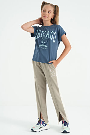 Petrol O Yaka Düşük Omuzlu Rahat Form Kısa Kollu Kız Çocuk T-Shirt - 75128 | 9-10 Yaş