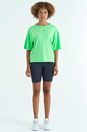 Neon Yeşil O Yaka Baskı Detaylı Oversize Kısa Kol Kadın T-Shirt - 97263 | M