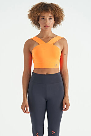 Neon Turuncu Logo Baskılı Dar Kalıp Dalgıç Kumaş Kadın Büstiyer - 97259 | L