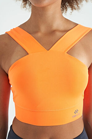 Neon Turuncu Logo Baskılı Dar Kalıp Dalgıç Kumaş Kadın Büstiyer - 97259 | L