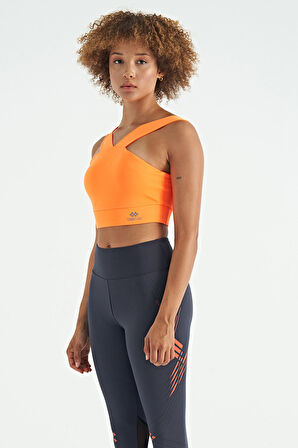 Neon Turuncu Logo Baskılı Dar Kalıp Dalgıç Kumaş Kadın Büstiyer - 97259 | L