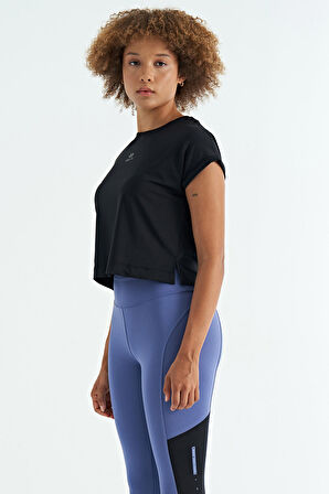 Siyah Logo Baskılı O Yaka Düşük Kol Oversize Kadın Crop T-Shirt - 97262 | XL