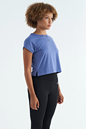 Eflatun Logo Baskılı O Yaka Düşük Kol Oversize Kadın Crop T-Shirt - 97262 | M