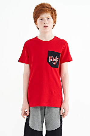 Kırmızı Ön Cepli Nakış Detaylı O Yaka Standart Kalıp Erkek Çocuk T-Shirt - 11116 | 6-7 Yaş