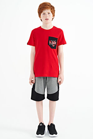 Kırmızı Ön Cepli Nakış Detaylı O Yaka Standart Kalıp Erkek Çocuk T-Shirt - 11116 | 6-7 Yaş