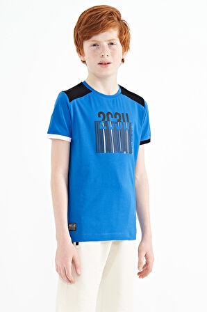 Saks Baskı Detaylı O Yaka Standart Kalıp Erkek Çocuk T-Shirt - 11157 | 5-6 Yaş