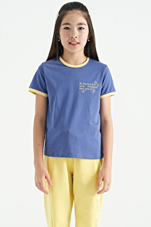 Açık Eflatun Minimal Yazı Baskılı O Yaka Rahat Form Kısa Kollu Kız Çocuk T-Shirt - 75110 | 7-8 Yaş