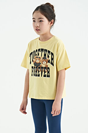 Sarı Ayıcık Baskılı O Yaka Oversize Kısa Kol Kız Çocuk T-Shirt - 75116 | 13-14 Yaş