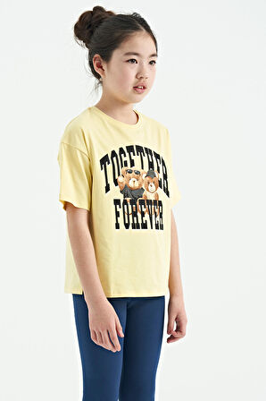 Sarı Ayıcık Baskılı O Yaka Oversize Kısa Kol Kız Çocuk T-Shirt - 75116 | 13-14 Yaş