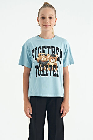 Açık Mavi Ayıcık Baskılı O Yaka Oversize Kısa Kol Kız Çocuk T-Shirt - 75116 | 7-8 Yaş