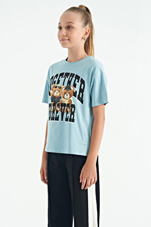 Açık Mavi Ayıcık Baskılı O Yaka Oversize Kısa Kol Kız Çocuk T-Shirt - 75116 | 7-8 Yaş