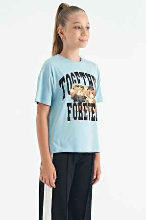 Açık Mavi Ayıcık Baskılı O Yaka Oversize Kısa Kol Kız Çocuk T-Shirt - 75116 | 7-8 Yaş