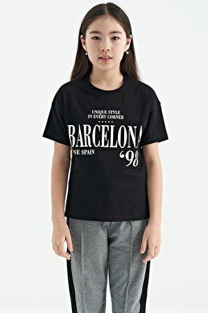 Siyah O Yaka Yazı Baskılı Düşük Omuz Oversize Kız Çocuk T-Shirt - 75115 | 9-10 Yaş
