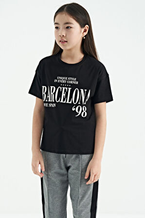 Siyah O Yaka Yazı Baskılı Düşük Omuz Oversize Kız Çocuk T-Shirt - 75115 | 9-10 Yaş