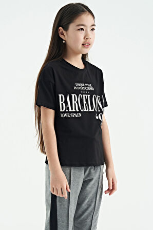 Siyah O Yaka Yazı Baskılı Düşük Omuz Oversize Kız Çocuk T-Shirt - 75115 | 9-10 Yaş