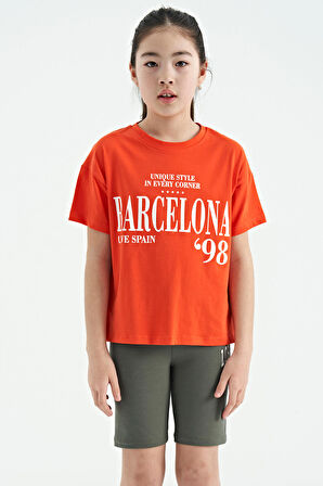 Portakal O Yaka Yazı Baskılı Düşük Omuz Oversize Kız Çocuk T-Shirt - 75115 | 14-15 Yaş