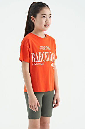 Portakal O Yaka Yazı Baskılı Düşük Omuz Oversize Kız Çocuk T-Shirt - 75115 | 14-15 Yaş