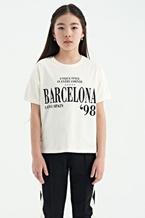 Ekru O Yaka Yazı Baskılı Düşük Omuz Oversize Kız Çocuk T-Shirt - 75115 | 8-9 Yaş