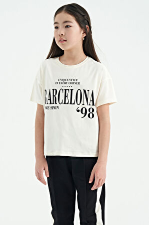 Ekru O Yaka Yazı Baskılı Düşük Omuz Oversize Kız Çocuk T-Shirt - 75115 | 8-9 Yaş