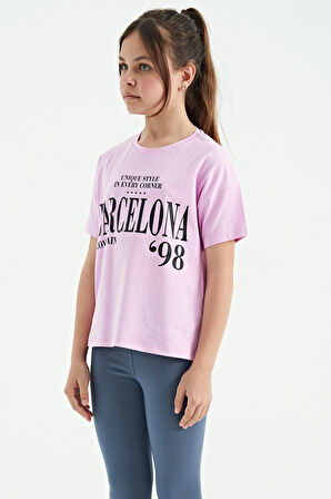 Pembe O Yaka Yazı Baskılı Düşük Omuz Oversize Kız Çocuk T-Shirt - 75115 | 11-12 Yaş