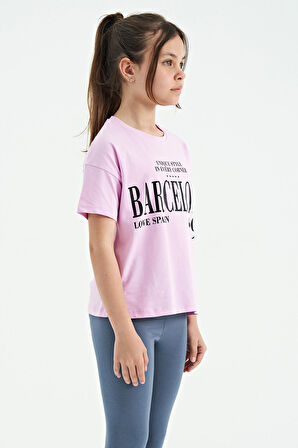 Pembe O Yaka Yazı Baskılı Düşük Omuz Oversize Kız Çocuk T-Shirt - 75115 | 11-12 Yaş