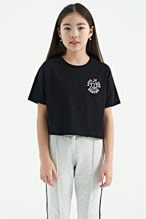 Siyah Ön Arka Baskılı O Yaka Düşük Omuz Oversize Kısa Kollu Kız Çocuk T-Shirt - 75126 | 7-8 Yaş