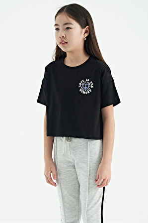 Siyah Ön Arka Baskılı O Yaka Düşük Omuz Oversize Kısa Kollu Kız Çocuk T-Shirt - 75126 | 7-8 Yaş