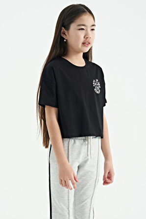 Siyah Ön Arka Baskılı O Yaka Düşük Omuz Oversize Kısa Kollu Kız Çocuk T-Shirt - 75126 | 7-8 Yaş