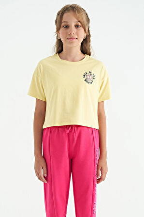 Sarı Ön Arka Baskılı O Yaka Düşük Omuz Oversize Kısa Kollu Kız Çocuk T-Shirt - 75126 | 10-11 Yaş
