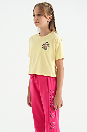 Sarı Ön Arka Baskılı O Yaka Düşük Omuz Oversize Kısa Kollu Kız Çocuk T-Shirt - 75126 | 10-11 Yaş