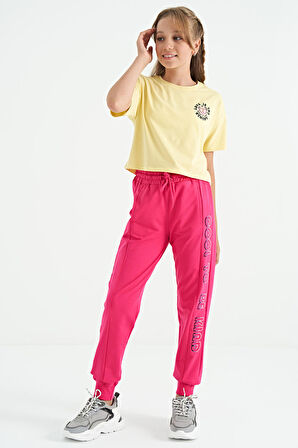 Sarı Ön Arka Baskılı O Yaka Düşük Omuz Oversize Kısa Kollu Kız Çocuk T-Shirt - 75126 | 10-11 Yaş