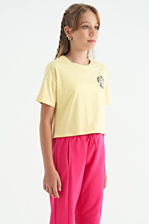 Sarı Ön Arka Baskılı O Yaka Düşük Omuz Oversize Kısa Kollu Kız Çocuk T-Shirt - 75126 | 14-15 Yaş
