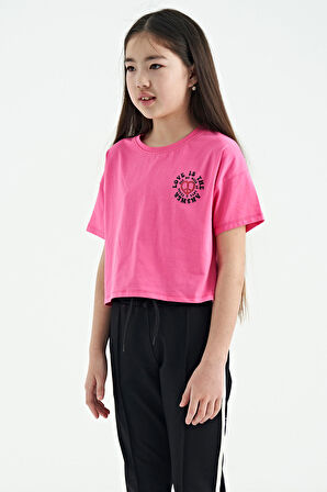 Şeker Pembe Ön Arka Baskılı O Yaka Düşük Omuz Oversize Kısa Kollu Kız Çocuk T-Shirt - 75126 | 9-10 Yaş