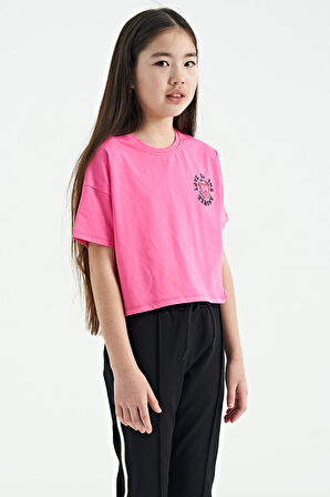 Şeker Pembe Ön Arka Baskılı O Yaka Düşük Omuz Oversize Kısa Kollu Kız Çocuk T-Shirt - 75126 | 9-10 Yaş