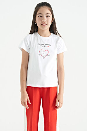 Beyaz O Yaka Baskı Detaylı Rahat Kalıp Kız Çocuk T-Shirt - 75129 | 12-13 Yaş